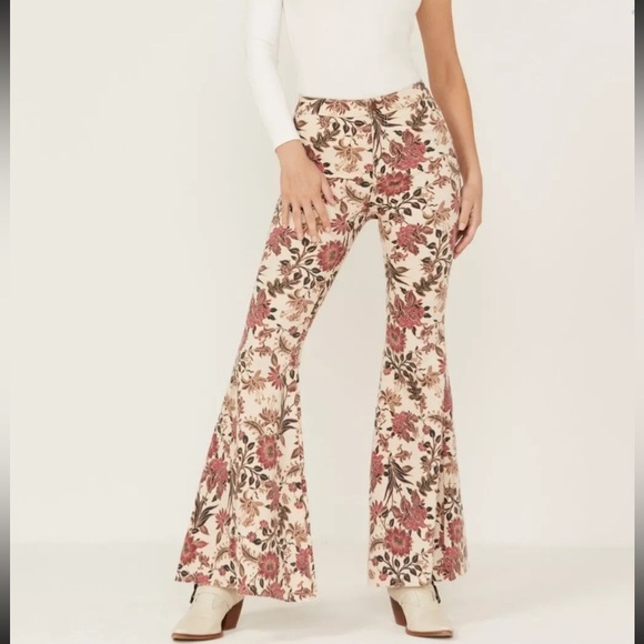 Free People Flare Jeans Women 28 Float On Flare Floral Boho Bell Bottom Raw Hem - Picture 1 of 8